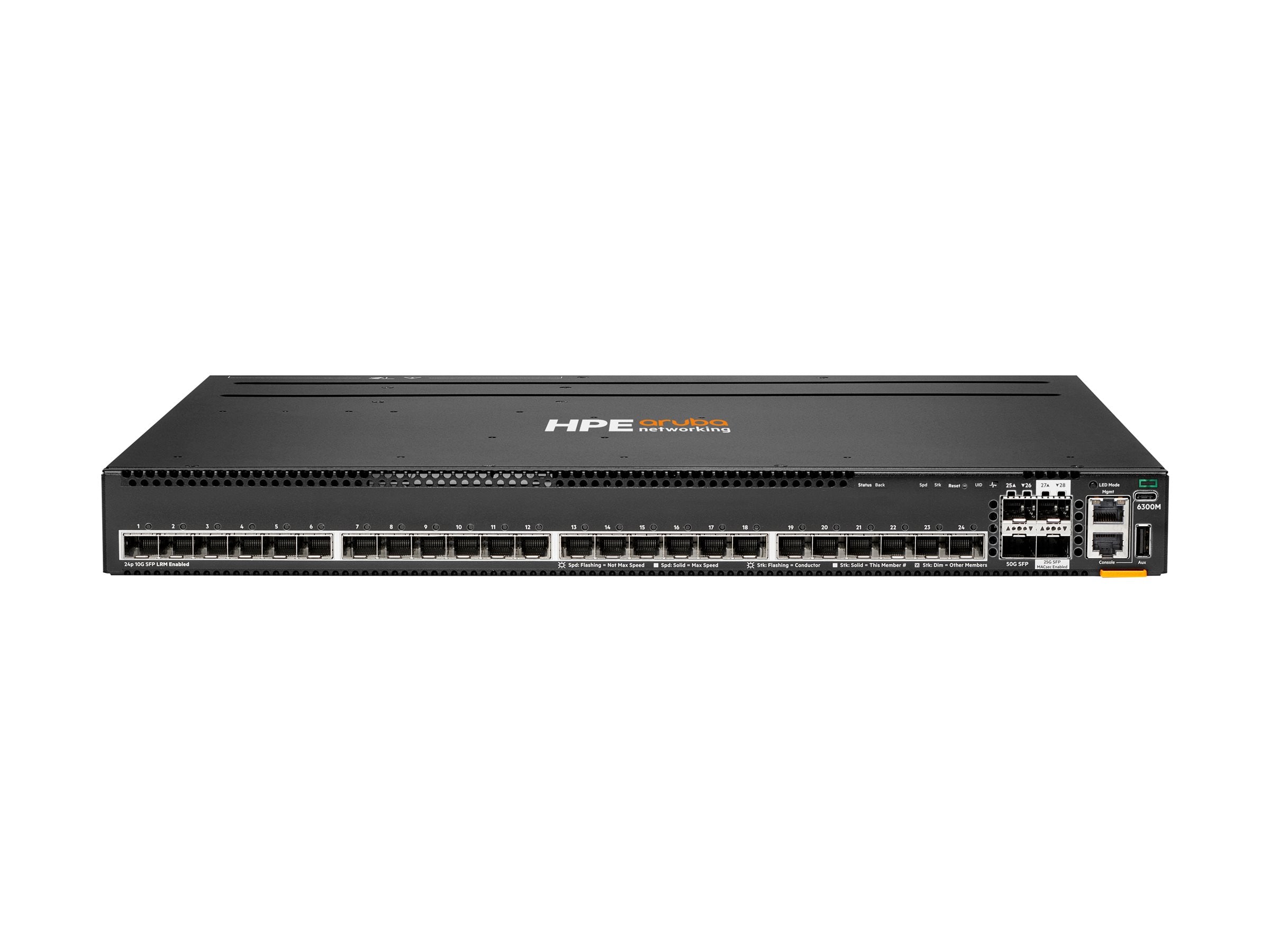 HPE Aruba 6300M Switch 24 Port SFP+ LRM Support 2 Port 50G and 2 Port 25G MACsec Layer 3 Stackable 1U One Touch