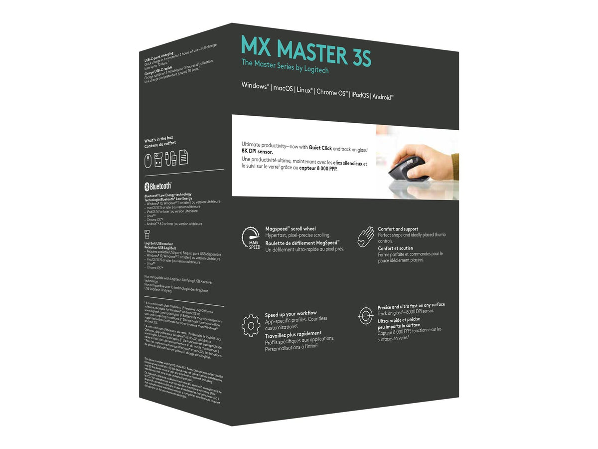 LOGITECH Master Series MX Master 3S Mouse ergonomic optical 7 buttons wireless Bluetooth 2.4 GHz Bolt USB receiver