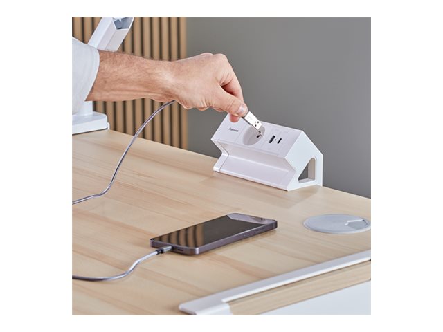 FELLOWES PRISE POUR BUREAU ÉLECTRIQUE TYPE E - BLANC Équipé de 1 x prise de courant 230v 1 x port USB-A 18w max et 1 x port USB-C