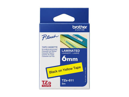 BROTHER P-TOUCH TZE-611 noir sur jaune  6mm