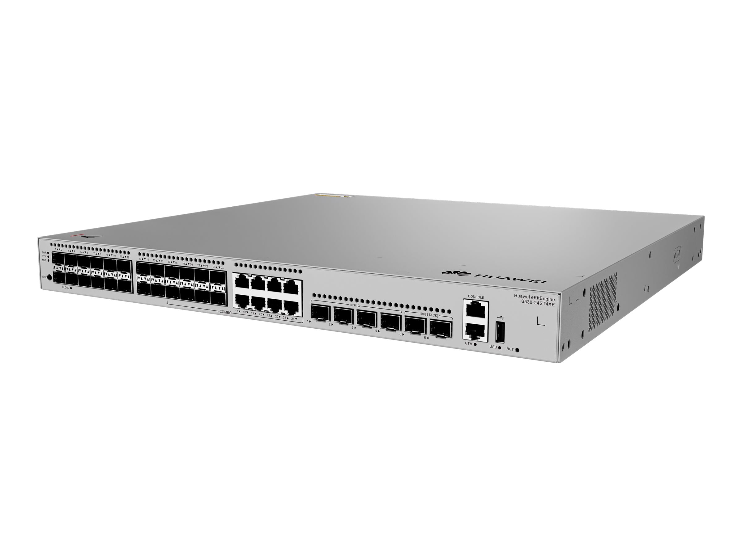 HUAWEI S530-24ST4XE 24xGE SFP ports 8 of which are dual-purpose 10/100/1000 or SFP 4x10GE SFP+ ports 2x12GE stack ports 1xAC eKit