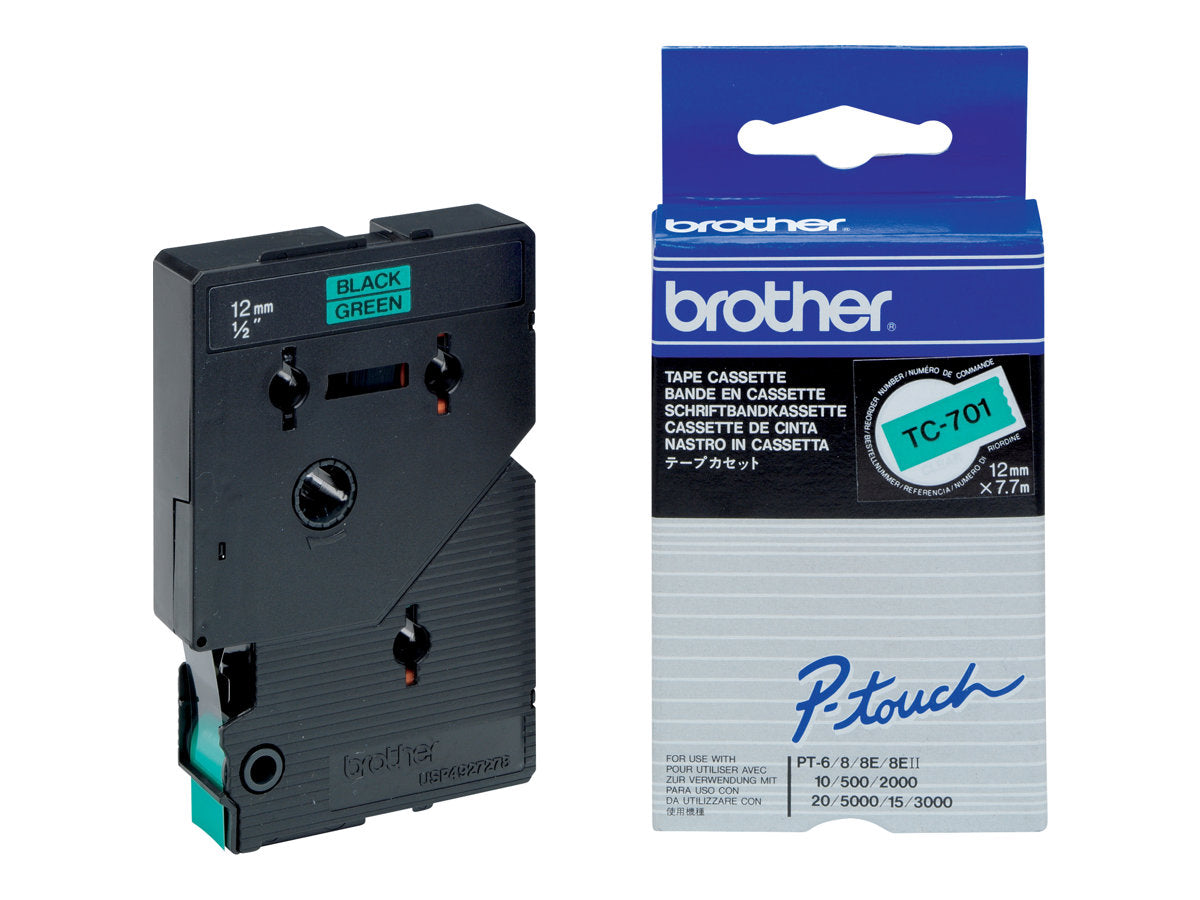 BROTHER P-TOUCH TC-701 noir sur vert 12mm