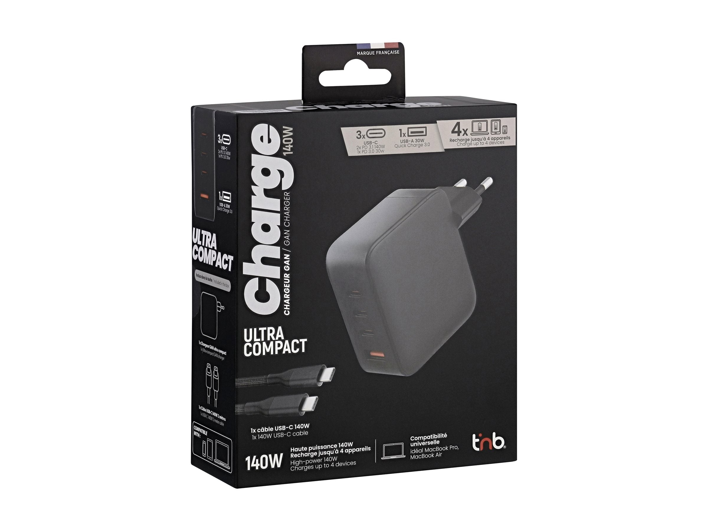 TNB Chargeur GAN 140W USB-C et USB-A - noir