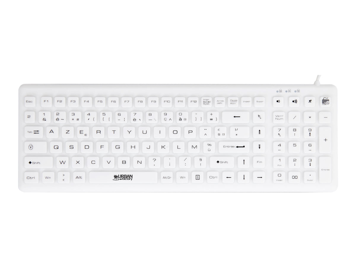 URBAN FACTORY Clavier en ABS et silicone Blanc Connexion filaire USB Touches plates et silencieuses Traitement antimicrobien Nano