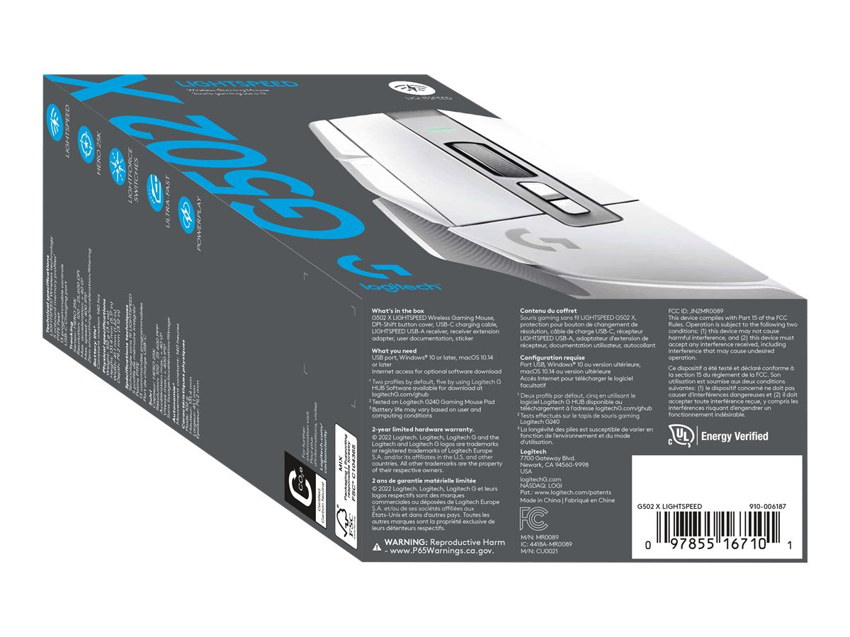 LOGITECH G G502 X LIGHTSPEED Mouse optical 8 buttons wireless 2.4 GHz USB LOGITECH LIGHTSPEED receiver white