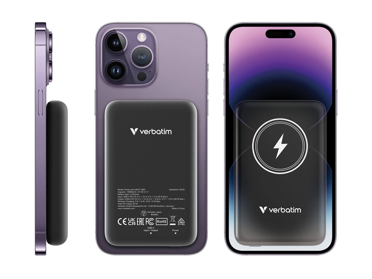 VERBATIM CHARGE N GO MAGNETIC WIRELESS POWER BANK 10000 BLACK WCF (P)