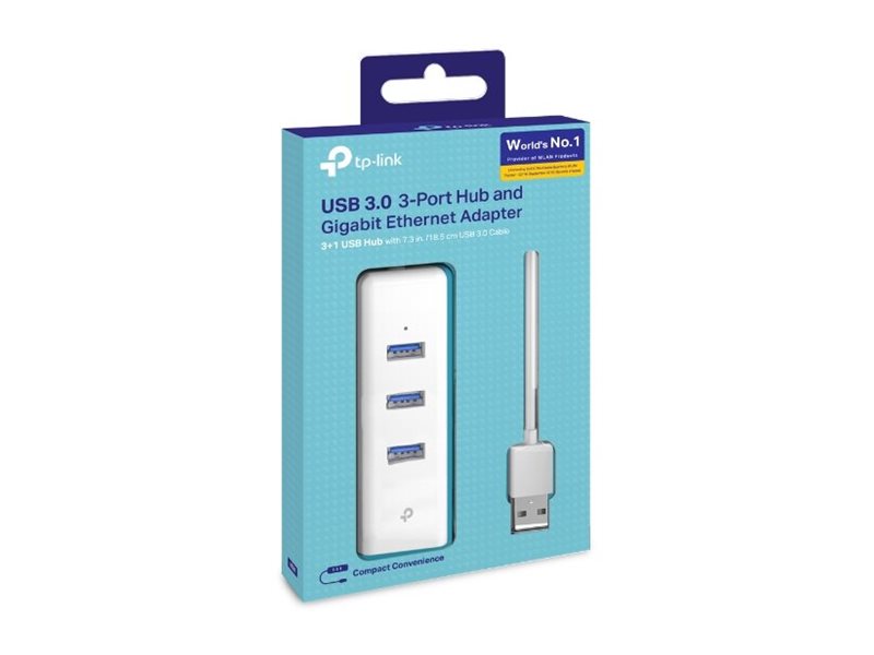 TP-LINK USB 3.0 to Gigabit Ethernet Network Adapter 3-Port USB 3.0 Hub 1 USB 3.0 connector 1 Gigabit Ethernet port 3 USB 3.0 ports