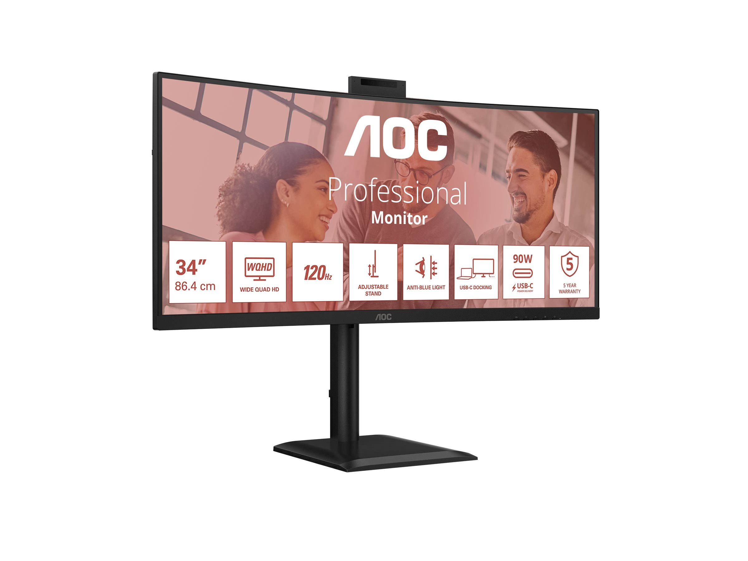 AOC CU34E4CW 34p 3440x1440 120HZ VA CURVED H/A 180 MM USB-C DOCKING TUV EyeComfort Hardware USB HUB DP HDMI