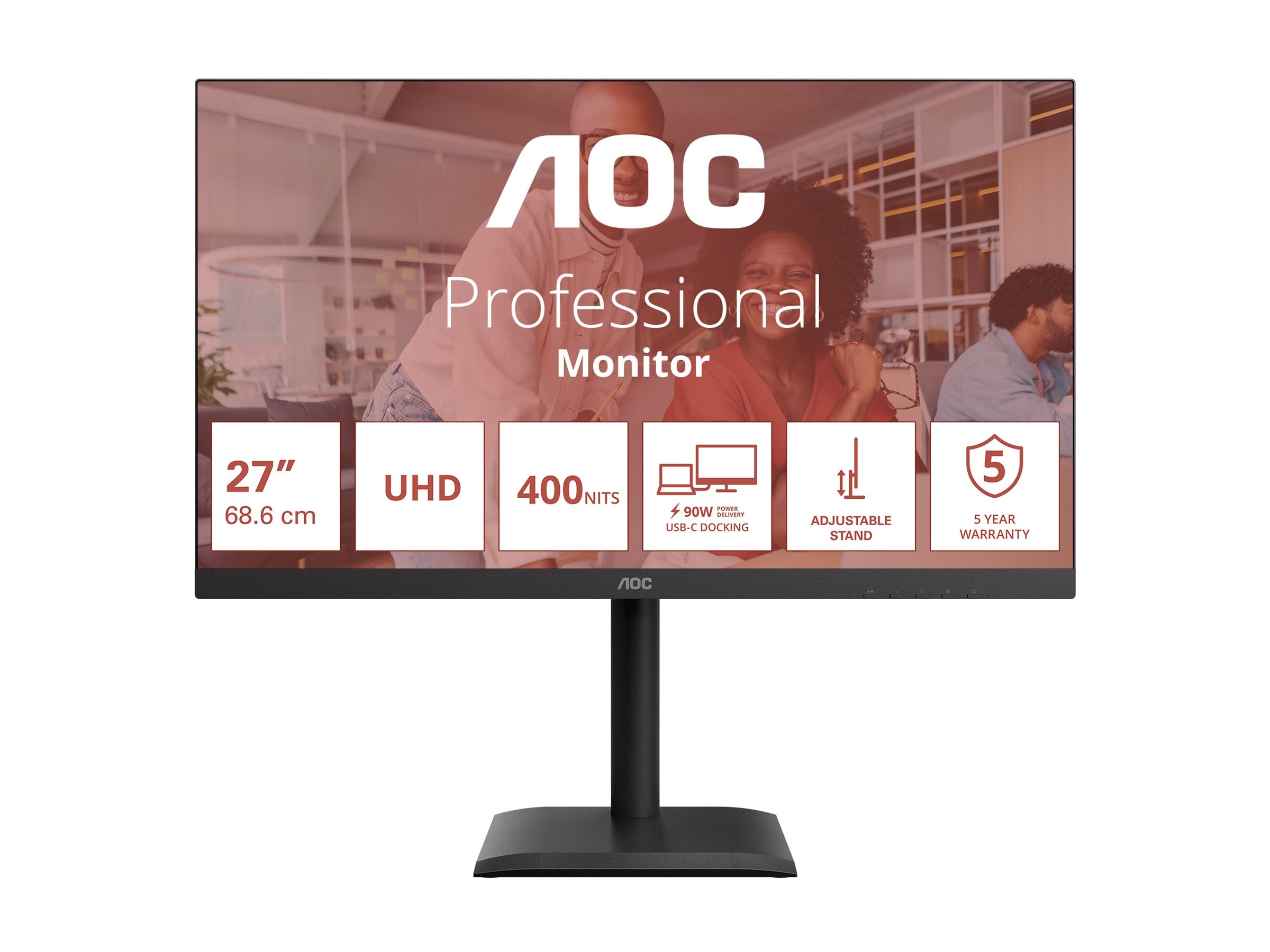 AOC U27E4CV 27p 3840x2160 60Hz IPS Flat H/A 150MM USB C DOCKING 90W Adaptive Sync EyeComfort 3.0 USB HUB SPEAKER