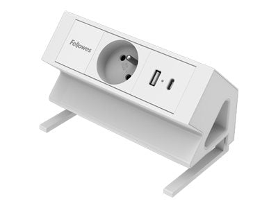 FELLOWES PRISE POUR BUREAU ÉLECTRIQUE TYPE E - BLANC Équipé de 1 x prise de courant 230v 1 x port USB-A 18w max et 1 x port USB-C