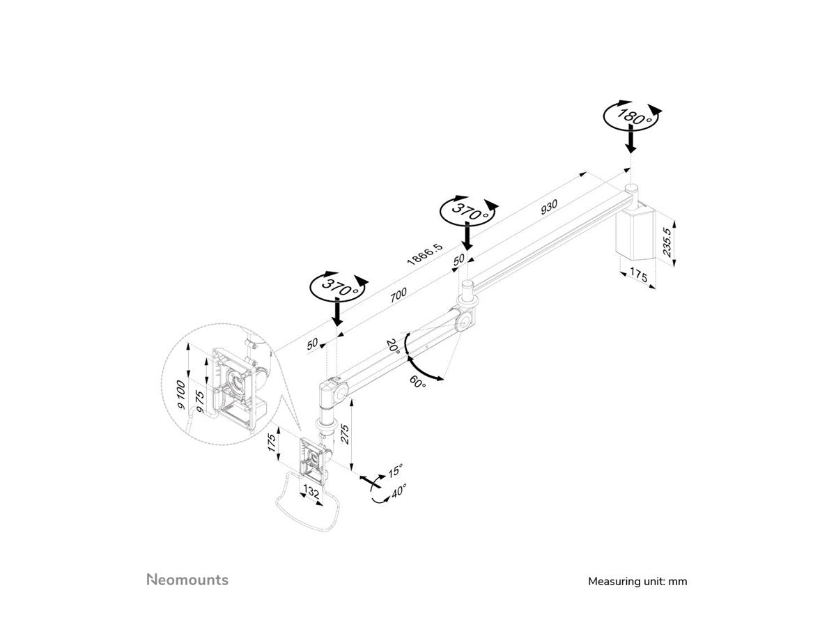 NEOMOUNTS FPMA-HAW100 Support mural pour écran médical 10-24p - h 0-170 cm - ressort à gaz
