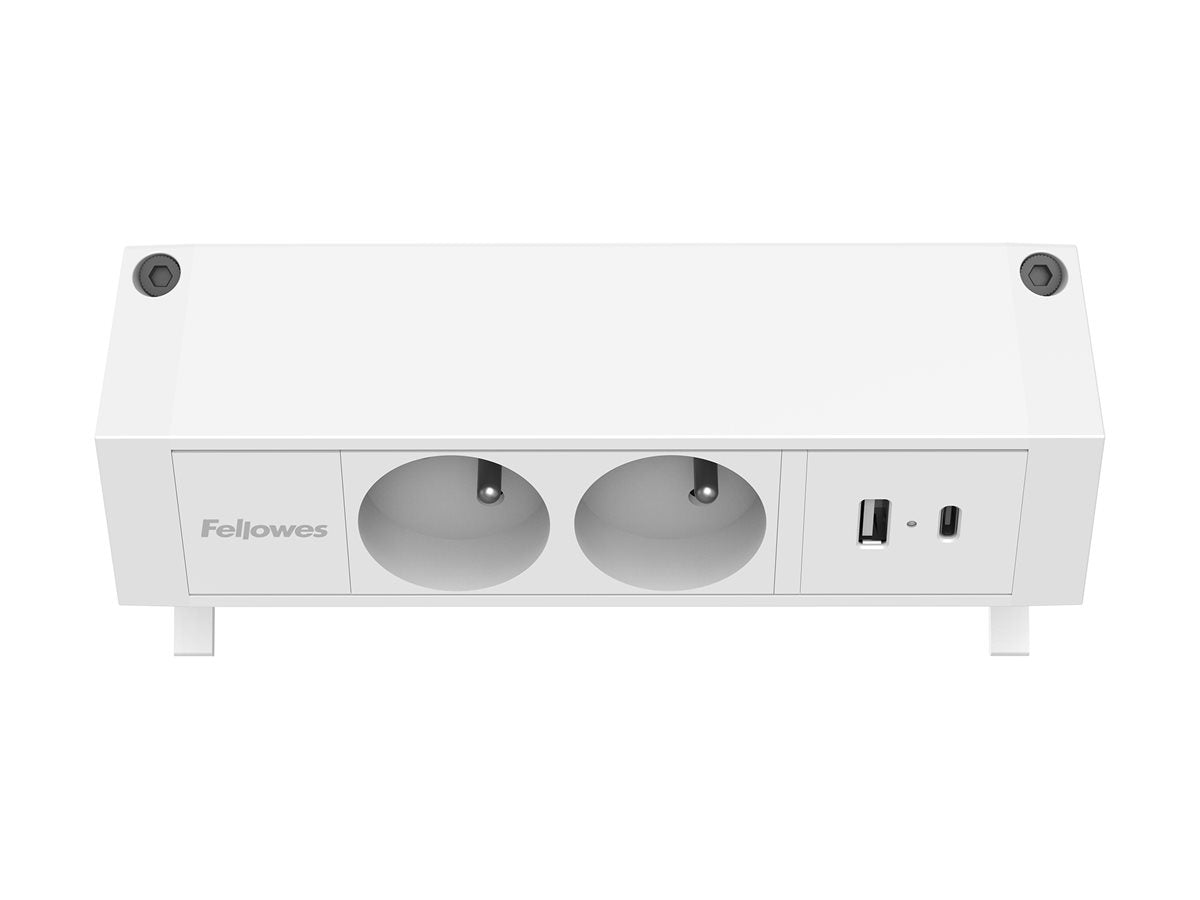 FELLOWES PRISE POUR BUREAU ÉLECTRIQUE TYPE E - BLANC Équipé de 2 x prise de courant 230v 1 x port USB-A 18w max et 1 x port USB-C