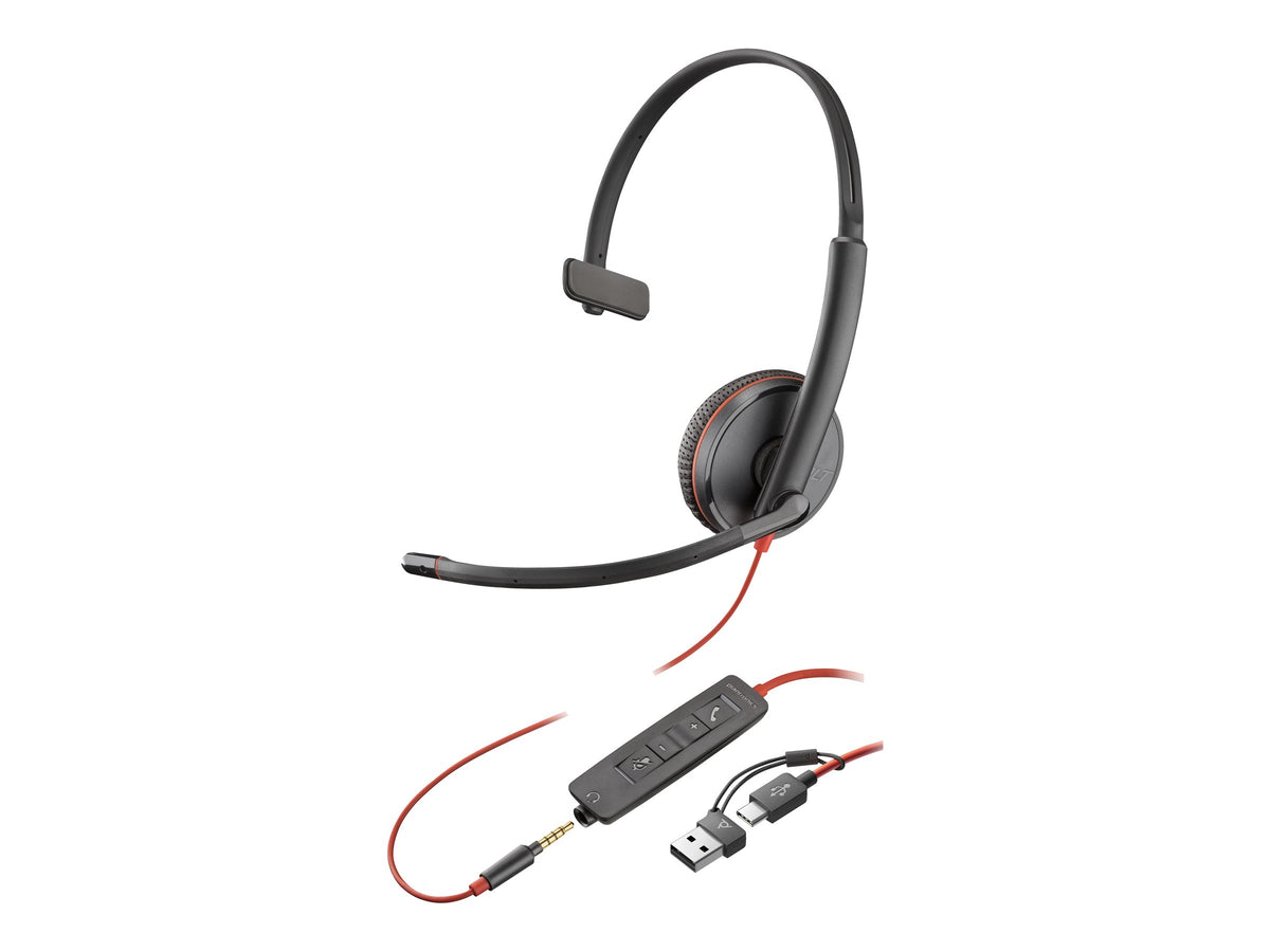 HP Poly Blackwire 3215 Monaural USB-C Headset +3.5mm Plug +USB-C/A Adapter