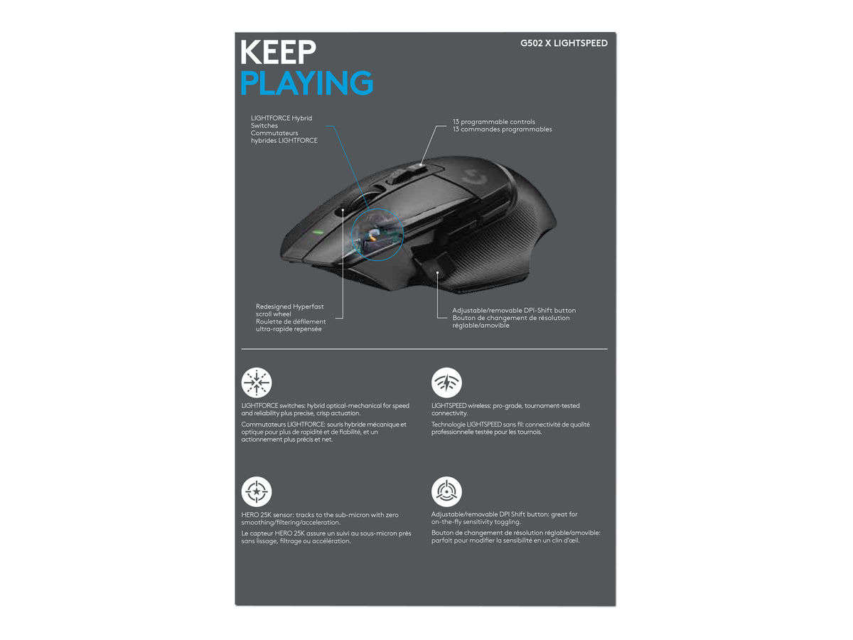 LOGITECH G G502 X LIGHTSPEED Mouse optical 8 buttons wireless 2.4 GHz USB LOGITECH LIGHTSPEED receiver black