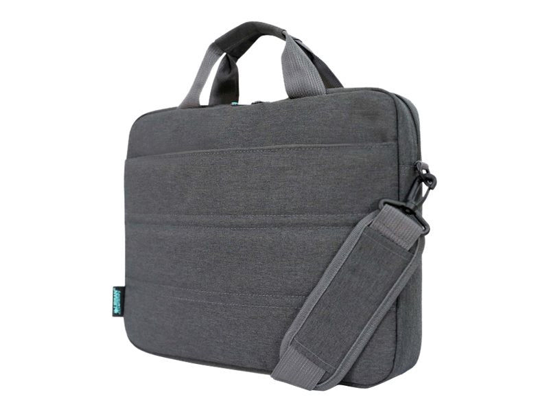 URBAN FACTORY Toploading bag made of recycled Nylon r-PET Reinforced notebook compartment Flat front pocket with zip Back patch