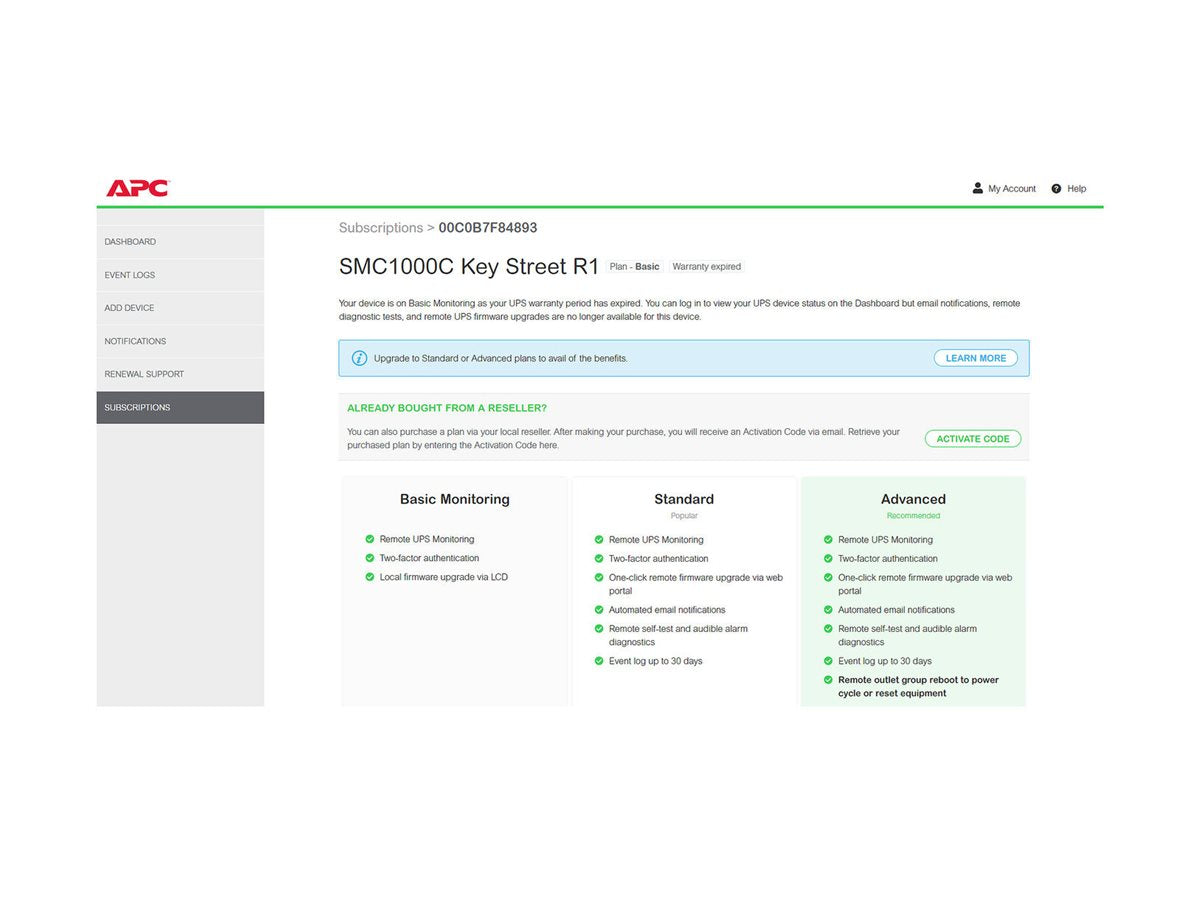 APC 1-UPS Advanced 1Y Plan SmartConnect