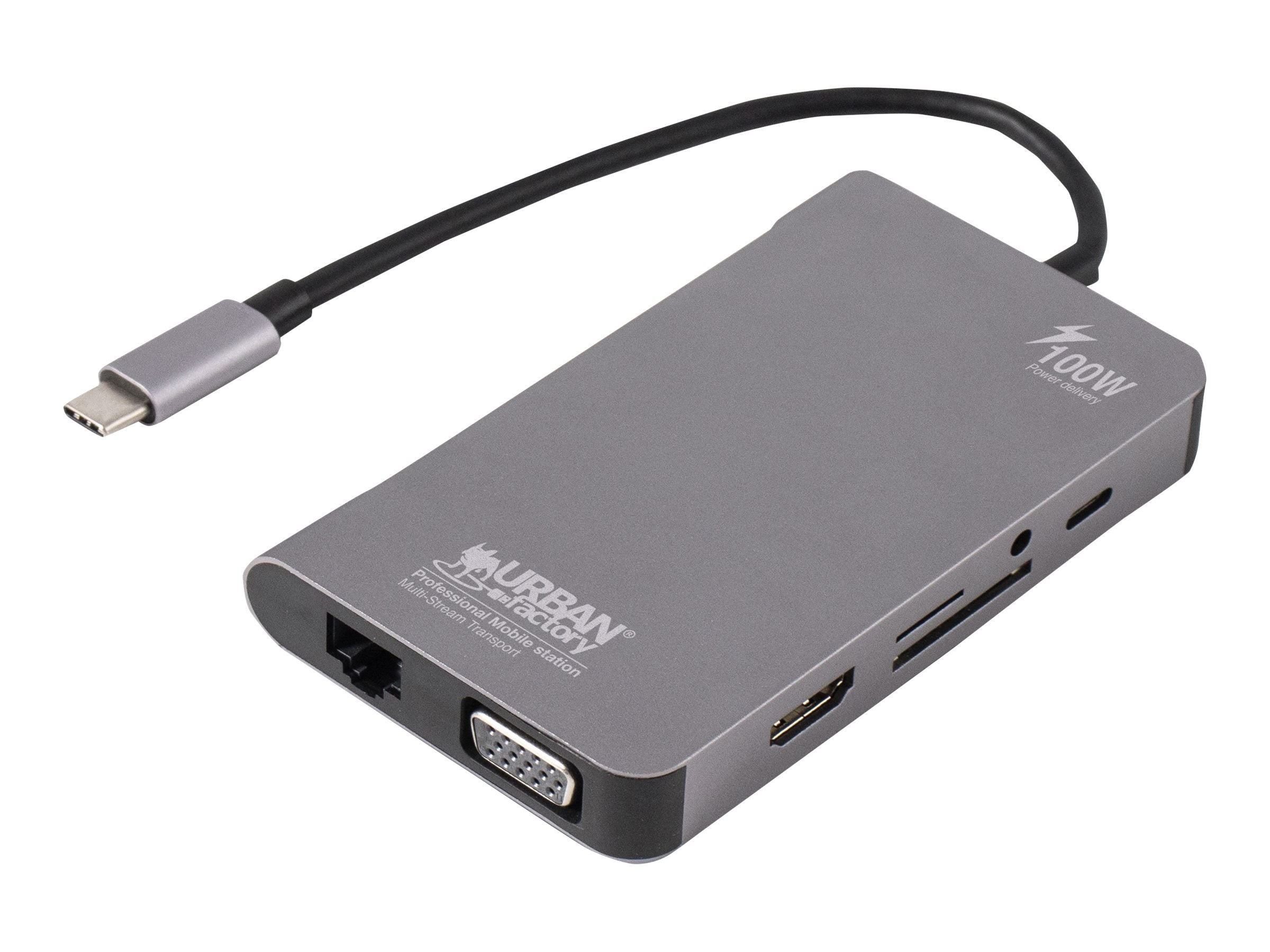 URBAN FACTORY Hubee Plus USB-C Mobile Station RJ45 Gigabit HDMI 4K VGA HD 3xUSB-A 3.1 of 10gbps 100Watts