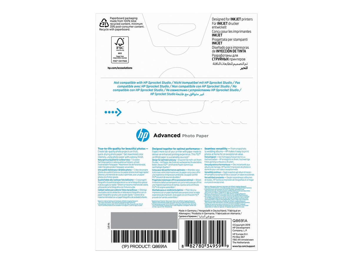 HP original Q8691A Advanced glossy photo paper Ink cartridge 250g/m2 100x150mm 25 sheets 1-pack borderless