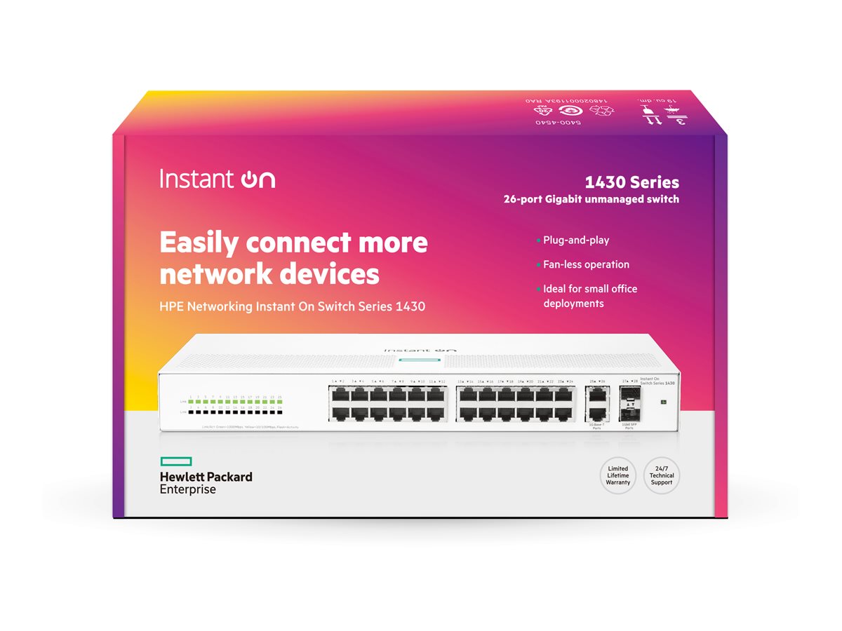 HPE Networking Instant On 1430 26G 2SFP Switch Commutateur non géré 26 x 10/100/1000 + 2 x 100/1000 SFP de bureau