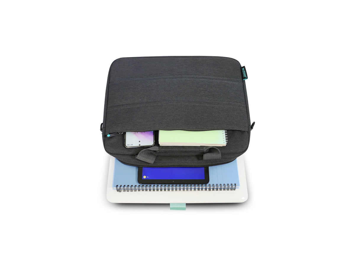 URBAN FACTORY Toploading bag made of recycled Nylon r-PET Reinforced notebook compartment Flat front pocket with zip Back patch