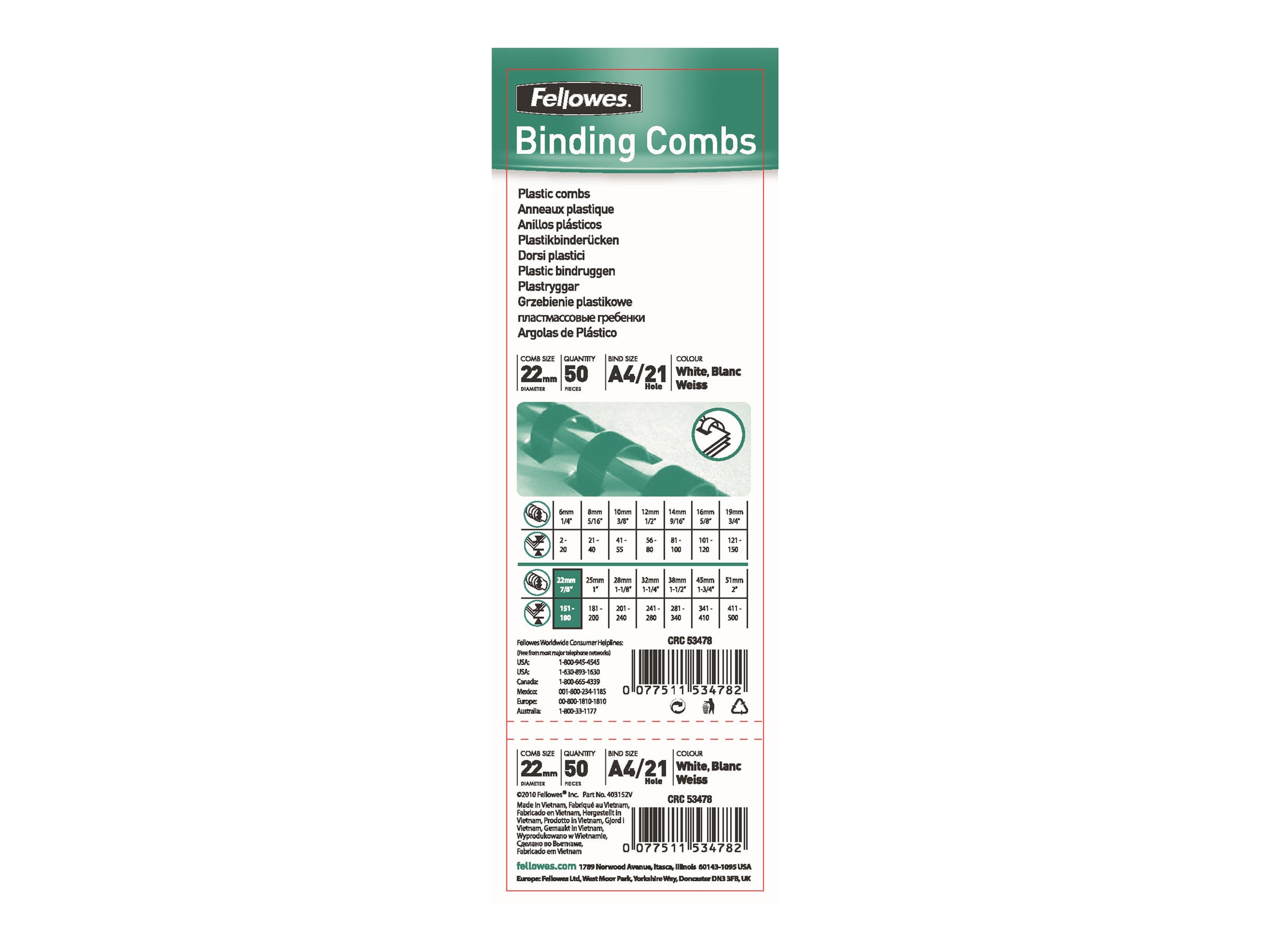 FELLOWES 5347803 Binding comb 22mm white 50pcs