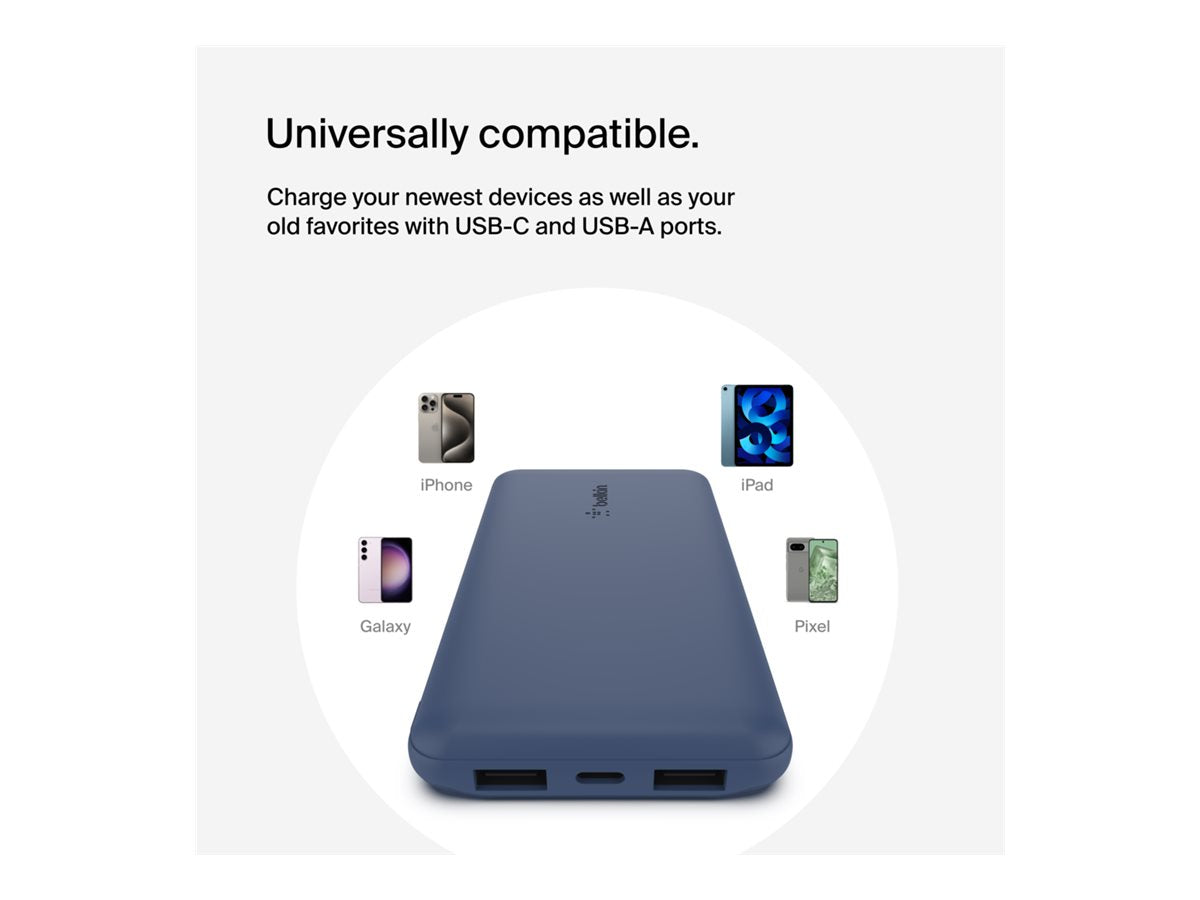 BELKIN Batterie externe 3 ports 10K avec câble USB-A vers USB-C bleu