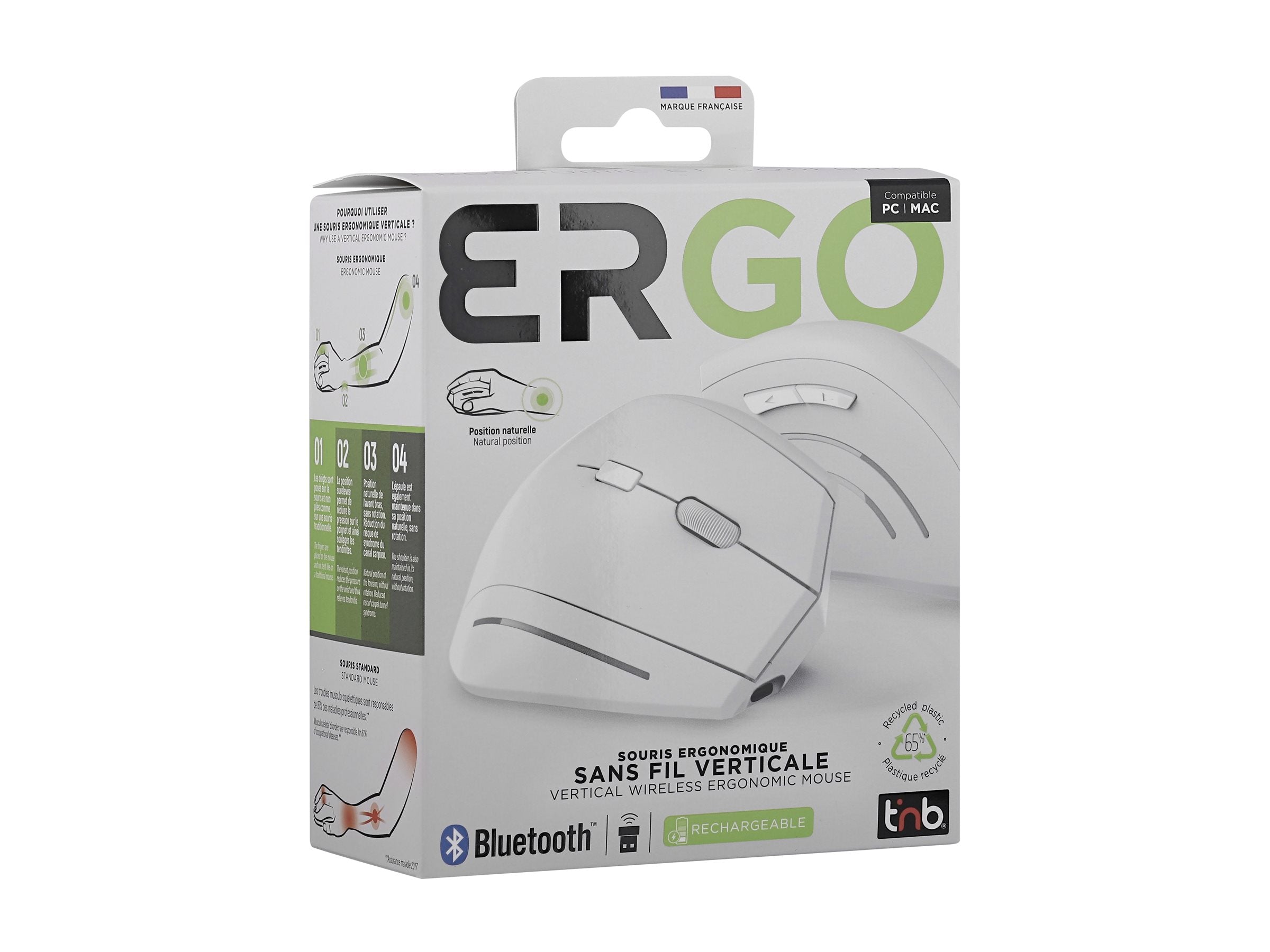 TNB ERGO - Souris sans fil ergonomique verticale ultra légère Bluetooth + USB-A 2.4 GHz - blanc