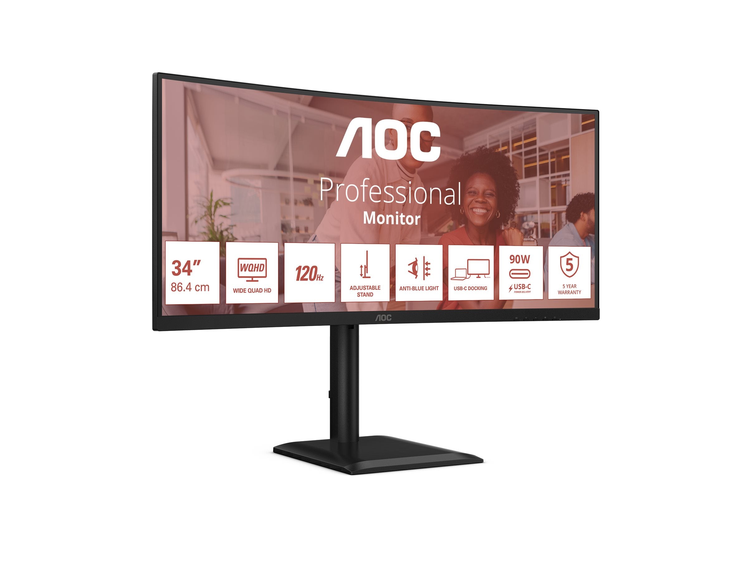 AOC CU34E4CV - Écran incurvé - 34i - 3440 x 1440 UWQHD 120 Hz - VA - 3500:1 - HDR10 - 4 ms - 2xHDMI DP USB-C -HP- GAR 5 ans