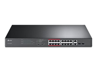 TP-LINK 16-Port 10/100Mops PoE+ Switch 16 10/100Mops RJ45 Ports 2 Gigabit RJ45 Ports 2 Combo SFP Slots 802.3at/af 192W PoE