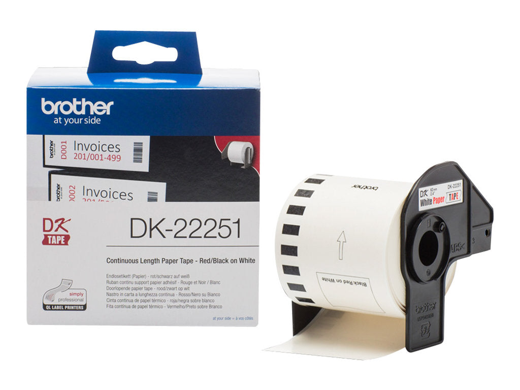 BROTHER Ruban DK tape - Rouleau continu adhésif 62mm x 30m - Impression noir et rouge