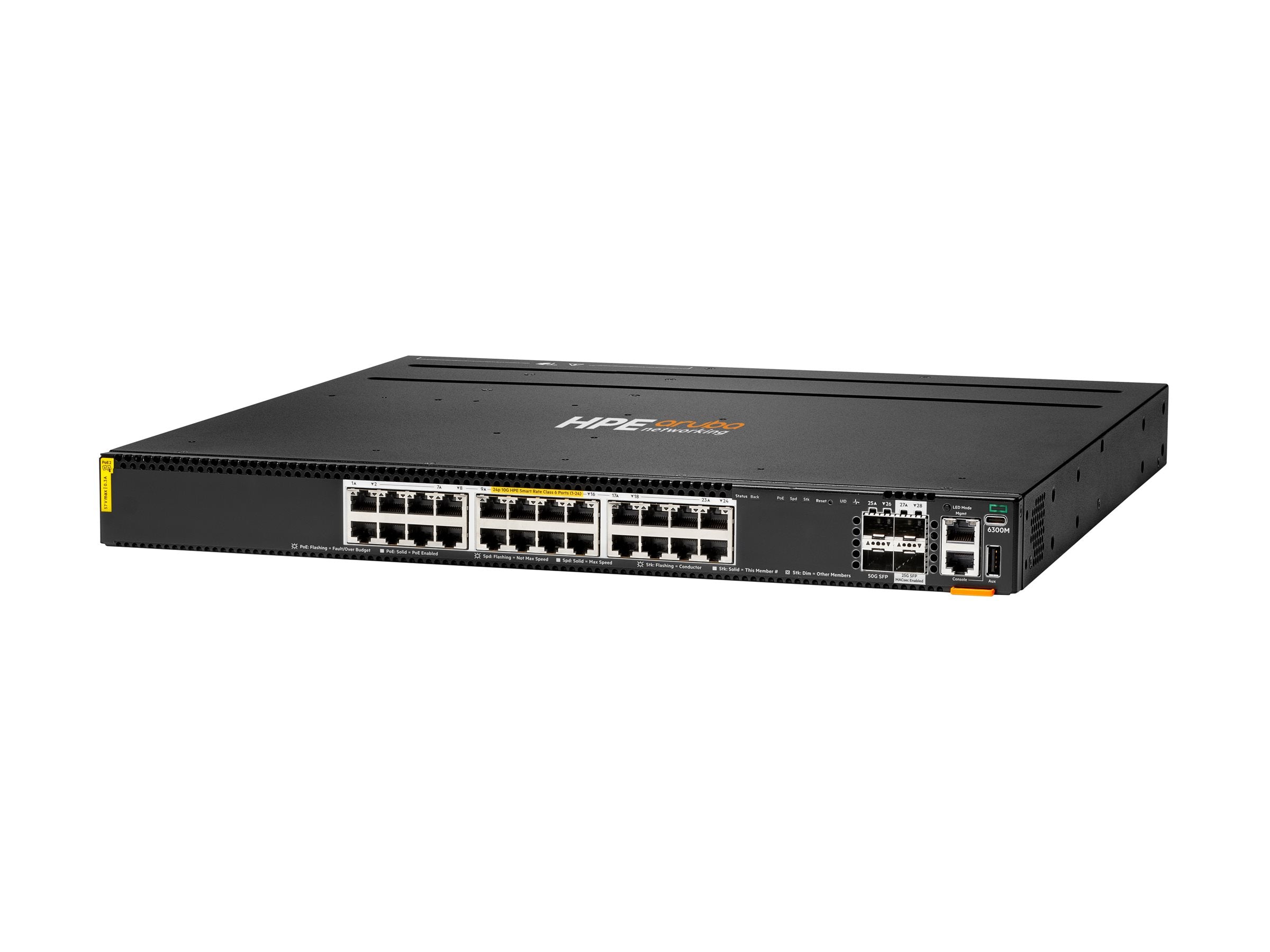 HPE Aruba 6300M Switch 24 Port Smart Rate 1/2.5/5/10G Class 6 PoE and 2 Port 50G and 2 Port 25G, Layer 3, Stackable, 1U, One Touch