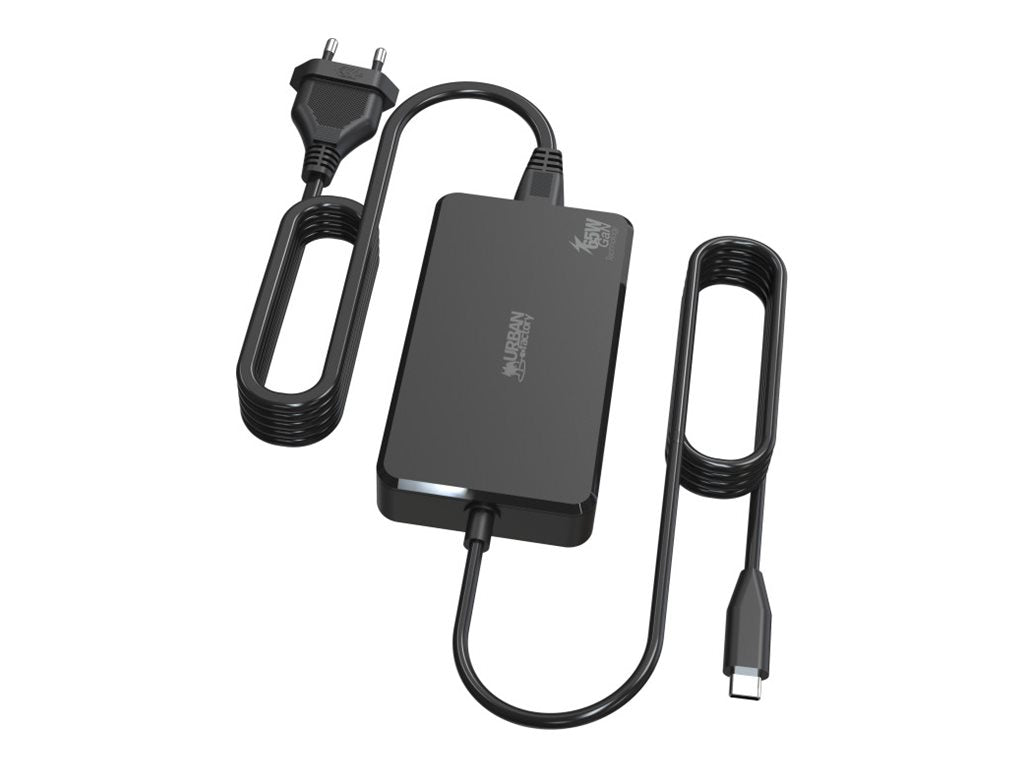 URBAN FACTORY POWEE BLOCK CHARGEUR UNIVERSEL USB-C GAN 65W - CABLE DE 180CM EN VERSION EU ET UK - NOIR