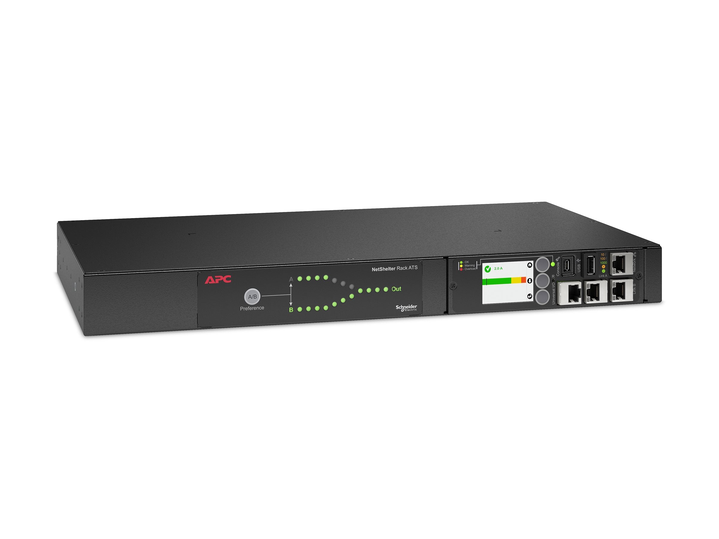 APC NetShelter Automatic transfer switch Rack AC 207-253V 2000VA 1-phase Ethernet 10/100/1000 USB output connectors 12 1U Black