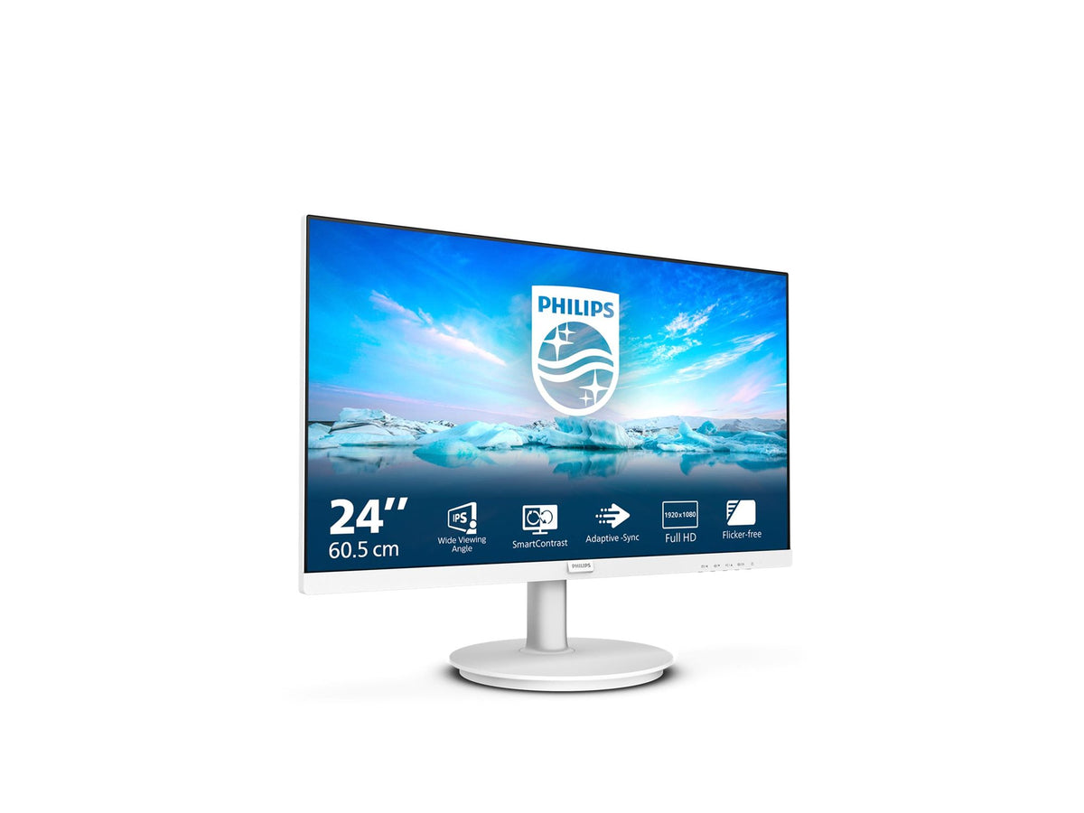 PHILIPS 241V8AW/00  Écran LED - 24" 1920 x 1080 Full HD (1080p) @ 75 Hz - IPS - 250 cd/m² - 1000:1 - 4 ms - HDMI, VGA - HP blanc