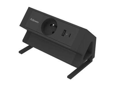 FELLOWES PRISE POUR BUREAU ÉLECTRIQUE TYPE E - NOIR Équipé de 1 x prise de courant 230v 1 x port USB-A 18w max et 1 x port USB-C