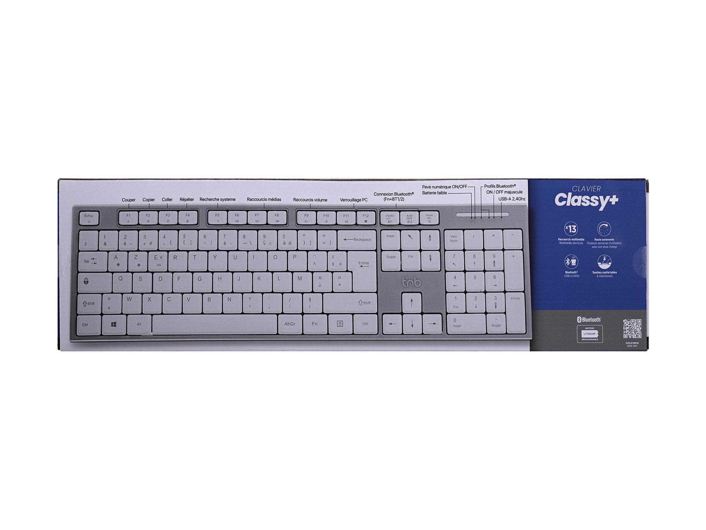 TNB CLASSY + - Clavier sans fil rechargeable Bluetooth + USB-A 2,4 Ghz AZERTY (FR)