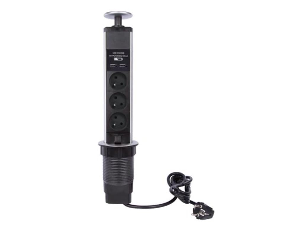 Bloc multiprise verticale 3 prises et 2 ports USB