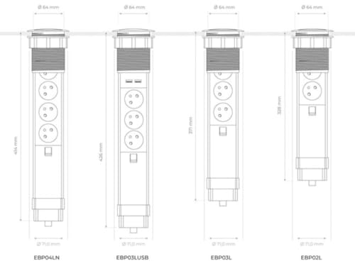 Bloc multiprise verticale 3 prises et 2 ports USB