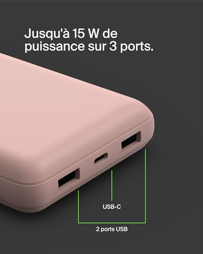 BELKIN Powerbank 20K 15W USB-C cable inclus + 2 USB-A Rose