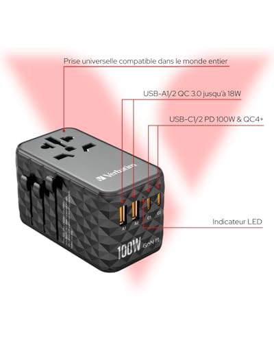 VERBATIM GAN III UNIVERSAL TRAVEL ADAPTER UTA-06 WITH 2 X USB-C PD 100W & QC 4+ / 2 X USB-A QC 3.00 WCF (P)