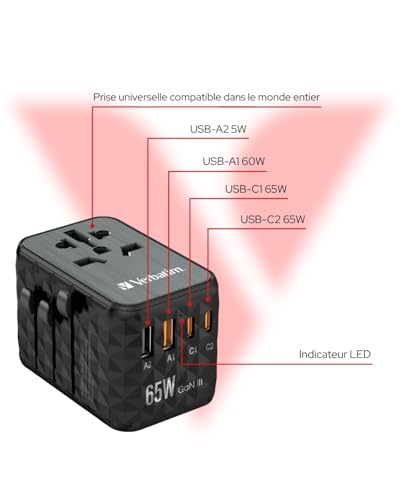 VERBATIM GAN III UNIVERSAL TRAVEL ADAPTER UTA-05 WITH 2 X USB-C PD 65W & QC 4+ / 2 X USB-A WCF (P)