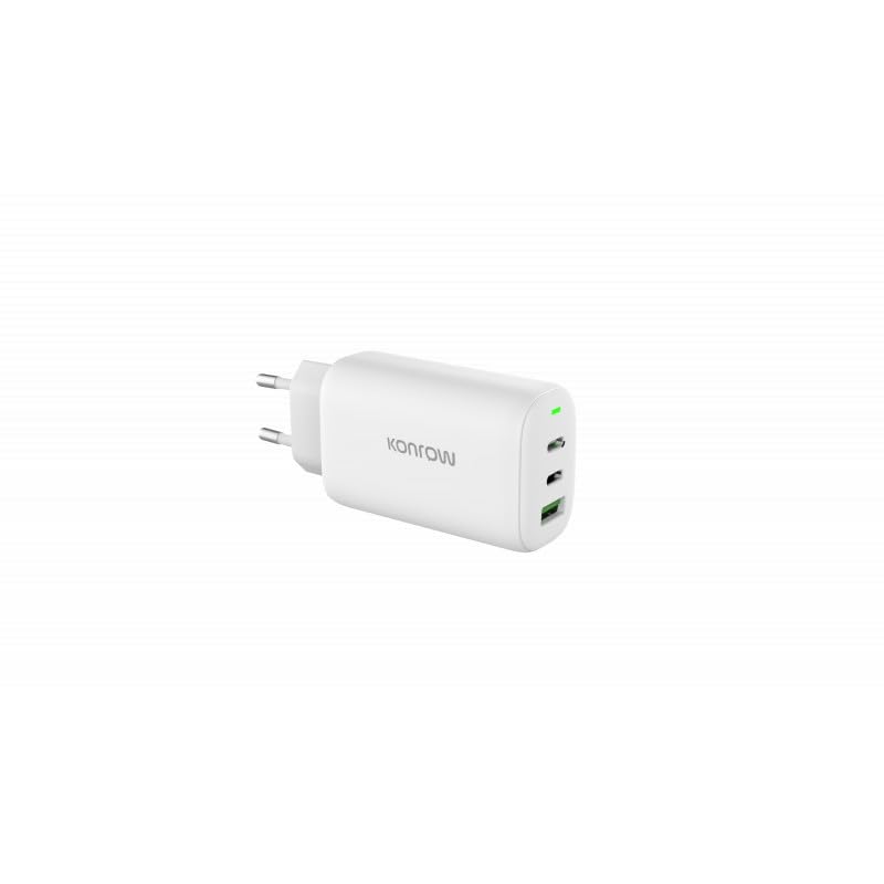 Konrow KC65ACCW - Adaptateur Secteur 3 Ports ( 1 Port Type A & 2 Ports Type C ) Charge rapide 65W - Blanc (Blister)
