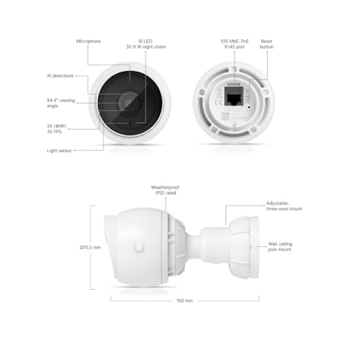Ubiquiti UVC-G5-Bullet-3 Caméra PoE de nouvelle génération 2K HD pouvant etre déployée a l'intérieur ou a l'extérieur, pack de 3.