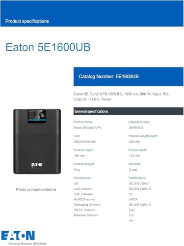 EATON Onduleur 5E G2 - Série E - USB BS - 1600VA - Noir