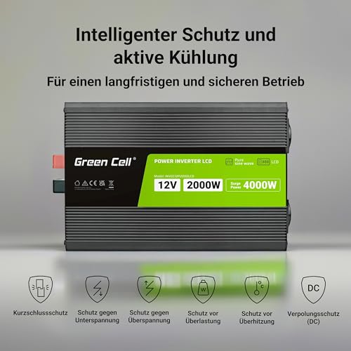 Green Cell Przetwornica napicia PowerInverter LCD 12 V 2000W/40000W Przetwornica samochodowa z wywietlaczem - czysty sinus adaptateur de puissance & onduleur Au
