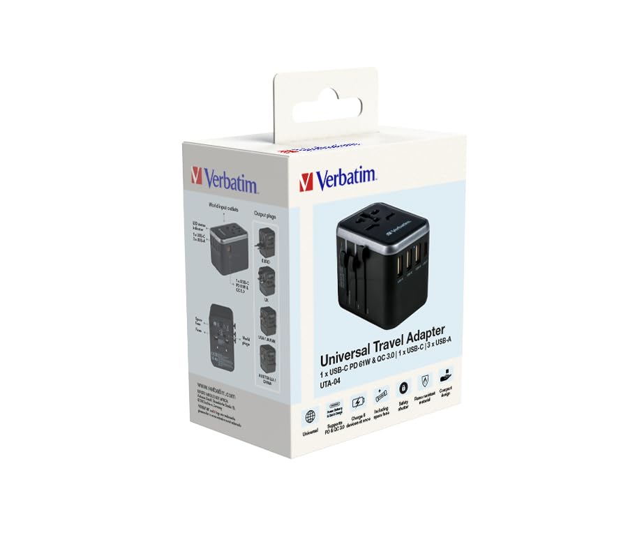 VERBATIM UNIVERSAL TRAVEL ADAPTER UTA-04 PD61W / QC / 3XUSB / 2XTYPE-C WCF (P)