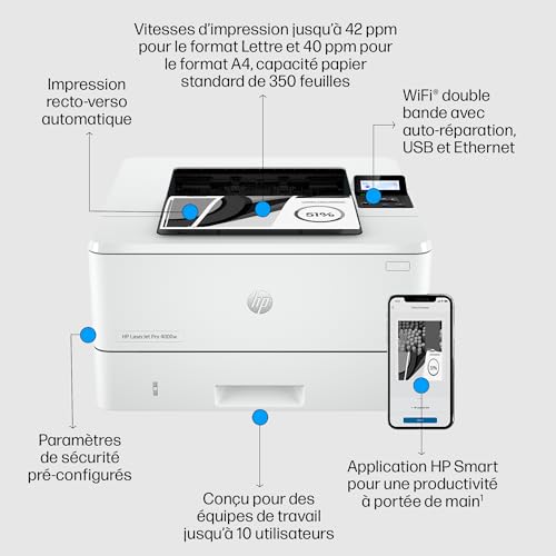 HP LaserJet Pro 4002dw Printer Mono Duplex laser A4 4800x600dpi 40ppm 350sheets USB LAN Bluetooth Wi-Fi