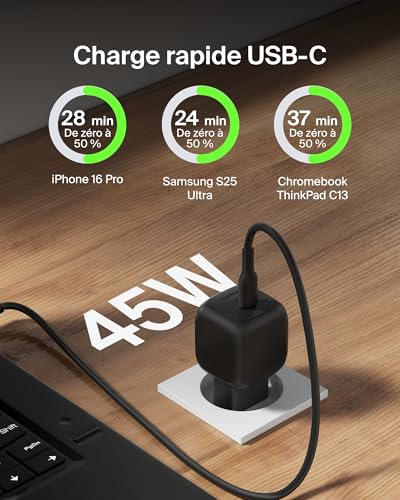 BELKIN 45W USB PD Wall Charger with PPS BLK w/ 1m 3aMP PVC C-C Cable