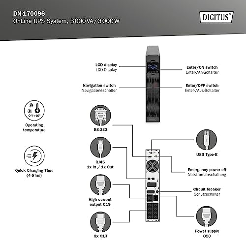 Digitus DN-170096 alimentation d'énergie non interruptible Double-conversion (en ligne) 3 kVA 9 sortie(s) CA