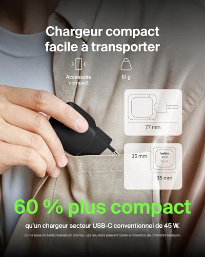 BELKIN 45W USB PD Wall Charger with PPS BLK w/ 1m 3aMP PVC C-C Cable